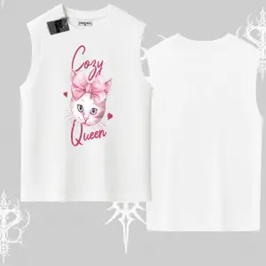 Cozy Queen Kedi Baskılı Kolsuz Tshirt