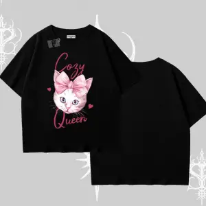 Cozy Queen Kedi Baskılı Oversize Tshirt