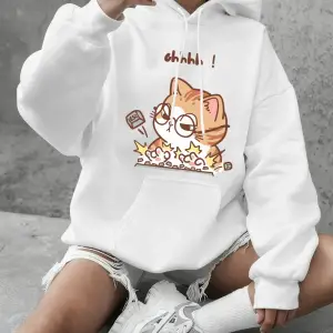 Crazy Cat Typing Wildly Baskılı Kapüşonlular Kadın Günlük Bol Sweatshirtler Kışlık Polar Sıca