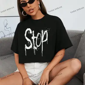 Crop CKOD-232913 Günlük Basit Yuvarlak Yaka Kısa Kollu Kadın  Harfli Sprey Boya Baskı, Yaz