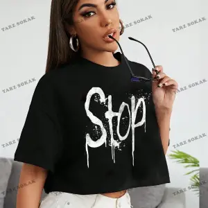 Crop CKOD-232913 Günlük Basit Yuvarlak Yaka Kısa Kollu Kadın  Harfli Sprey Boya Baskı, Yaz