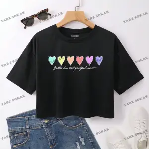 Crop CKOD-232913 Kalp ve Slogan Baskılı Kısa Kollu Kısa
