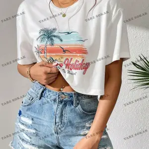 Crop CKOD-232913 Tropikal ve Harf Grafikli Düşük Omuz