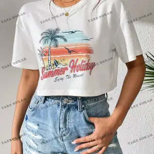 Crop CKOD-232913 Tropikal ve Harf Grafikli Düşük Omuz