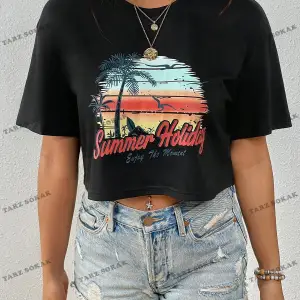 Crop CKOD-232913 Tropikal ve Harf Grafikli Düşük Omuz