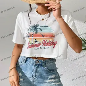 Crop CKOD-232913 Tropikal ve Harf Grafikli Düşük Omuz