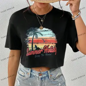 Crop CKOD-232913 Tropikal ve Harf Grafikli Düşük Omuz