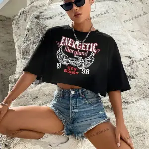 Crop CKOD-232913 Wings & Letter Grafikli Düşük Omuz Kısa