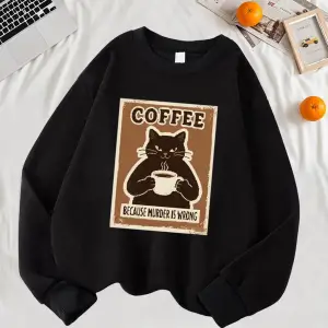 Çünkü Cinayet Yanlış Kahve Siyah Kedi Baskı Kazak Kadın Sonbahar Rahat Hipster Yumuşak Kazak