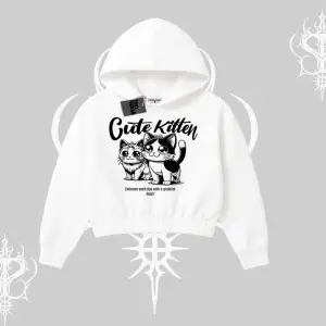 Cute Kitten Yazılı Sevimli Kedi Baskılı Kapşonlu Crop Sweatshirt