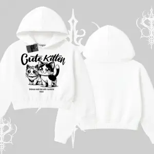 Cute Kitten Yazılı Sevimli Kedi Baskılı Kapşonlu Crop Sweatshirt