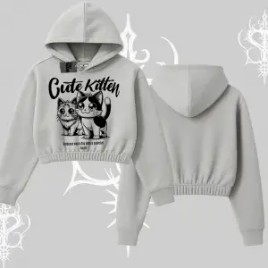 Cute Kitten Yazılı Sevimli Kedi Baskılı Kapşonlu Crop Sweatshirt