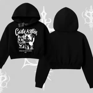 Cute Kitten Yazılı Sevimli Kedi Baskılı Kapşonlu Crop Sweatshirt
