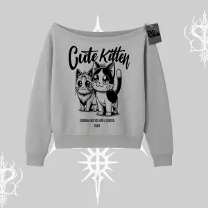 Cute Kitten Yazılı Sevimli Kedi Baskılı Kayık Yaka Sweatshirt