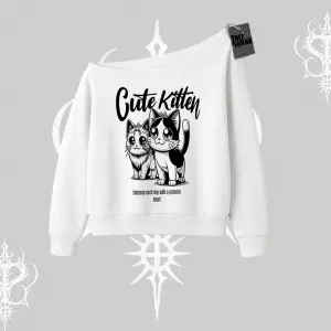 Cute Kitten Yazılı Sevimli Kedi Baskılı Kayık Yaka Sweatshirt