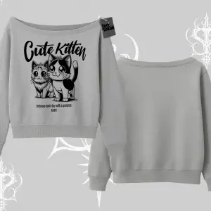 Cute Kitten Yazılı Sevimli Kedi Baskılı Kayık Yaka Sweatshirt