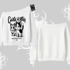 Cute Kitten Yazılı Sevimli Kedi Baskılı Kayık Yaka Sweatshirt