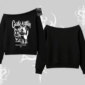 Cute Kitten Yazılı Sevimli Kedi Baskılı Kayık Yaka Sweatshirt