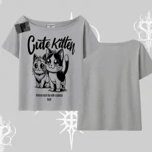Cute Kitten Yazılı Sevimli Kedi Baskılı Kayık Yaka Tshirt