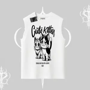 Cute Kitten Yazılı Sevimli Kedi Baskılı Kolsuz Tshirt