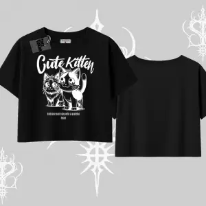 Cute Kitten Yazılı Sevimli Kedi Baskılı Oversize Crop Tshirt