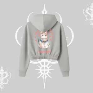 Cute Princess Kedi Tasarımlı Arka Baskılı Kapşonlu Crop Sweatshirt