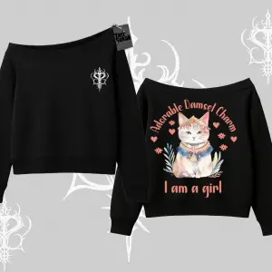Cute Princess Kedi Tasarımlı Arka Baskılı Kayık Yaka Sweatshirt