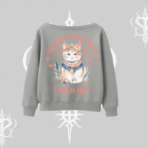 Cute Princess Kedi Tasarımlı Arka Baskılı Kayık Yaka Sweatshirt