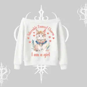 Cute Princess Kedi Tasarımlı Arka Baskılı Kayık Yaka Sweatshirt