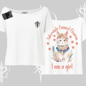 Cute Princess Kedi Tasarımlı Arka Baskılı Kayık Yaka Tshirt