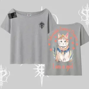 Cute Princess Kedi Tasarımlı Arka Baskılı Kayık Yaka Tshirt