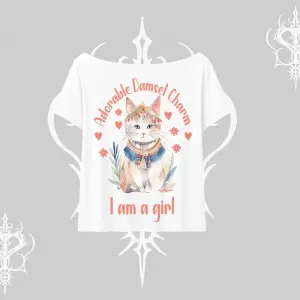 Cute Princess Kedi Tasarımlı Arka Baskılı Kayık Yaka Tshirt