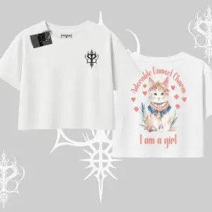 Cute Princess Kedi Tasarımlı Arka Baskılı Oversize Crop Tshirt