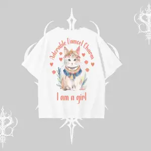 Cute Princess Kedi Tasarımlı Arka Baskılı Oversize Tshirt
