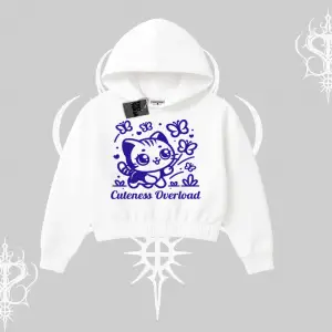 Cuteness Overload Kedi Baskılı Kapşonlu Crop Sweatshirt