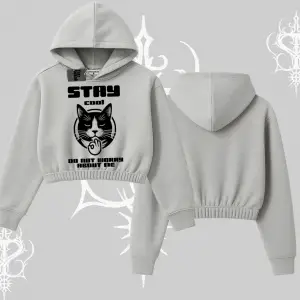 Cuteness Overload Kedi Baskılı Kapşonlu Crop Sweatshirt