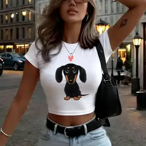 Dachshund Kalp Desenli Kadın Babby TeeT-Shirt Yaz Yumuşak Yüksek Elastik Üstler Seksi Uyumlu İnce
