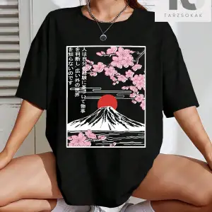 Dağ ve Çiçek Desenli Düşük Omuz Tişört