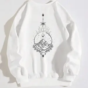 Dağ ve Güneş Desenli Damla Omuz Sweatshirt Beyaz