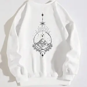 Dağ ve Güneş Desenli Damla Omuz Sweatshirt Beyaz