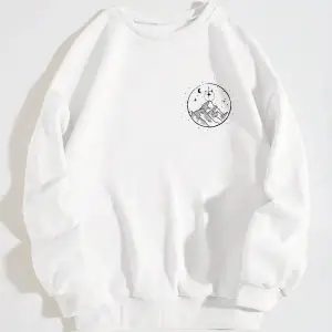 Dağ ve Güneş Desenli Damla Omuz Sweatshirt Beyaz
