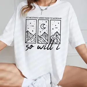 Dağ ve Harf Grafikli Düşük Omuz Tişört