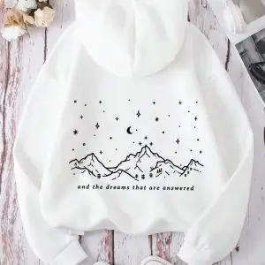 Dağ ve Slogan Grafikli Kanguru Cepli İpli Kapüşonlu Üst Beyaz