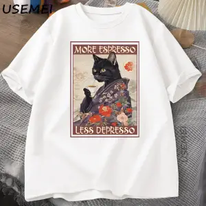 Daha fazla Espresso Daha Az Depresso Esprili T-Shirt Erkek Kadın Siyah Kedi Kahve TPa 3003