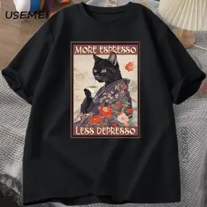 Daha fazla Espresso Daha Az Depresso Esprili T-Shirt Erkek Kadın Siyah Kedi Kahve TPa 3003