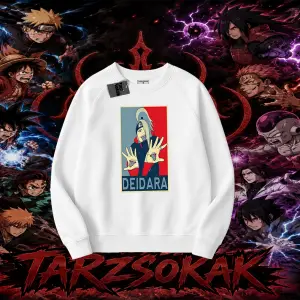 Deidara Naruto Anime Karakteri Oversize Unisex Bisiklet Yaka Sweatshirt Beyaz