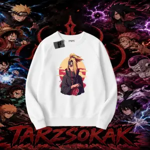 Deidara Naruto Anime Karakteri Oversize Unisex Bisiklet Yaka Sweatshirt Beyaz