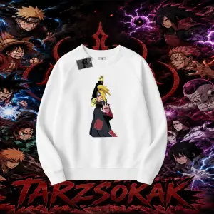 Deidara Naruto Anime Karakteri Oversize Unisex Bisiklet Yaka Sweatshirt Beyaz