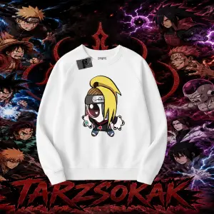 Deidara Naruto Anime Karakteri Oversize Unisex Bisiklet Yaka Sweatshirt Beyaz