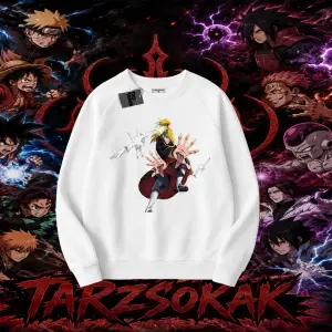Deidara Naruto Anime Karakteri Oversize Unisex Bisiklet Yaka Sweatshirt Beyaz